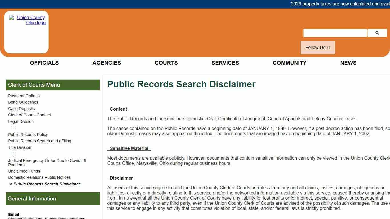 Union County, Ohio - Public Records Search Disclaimer